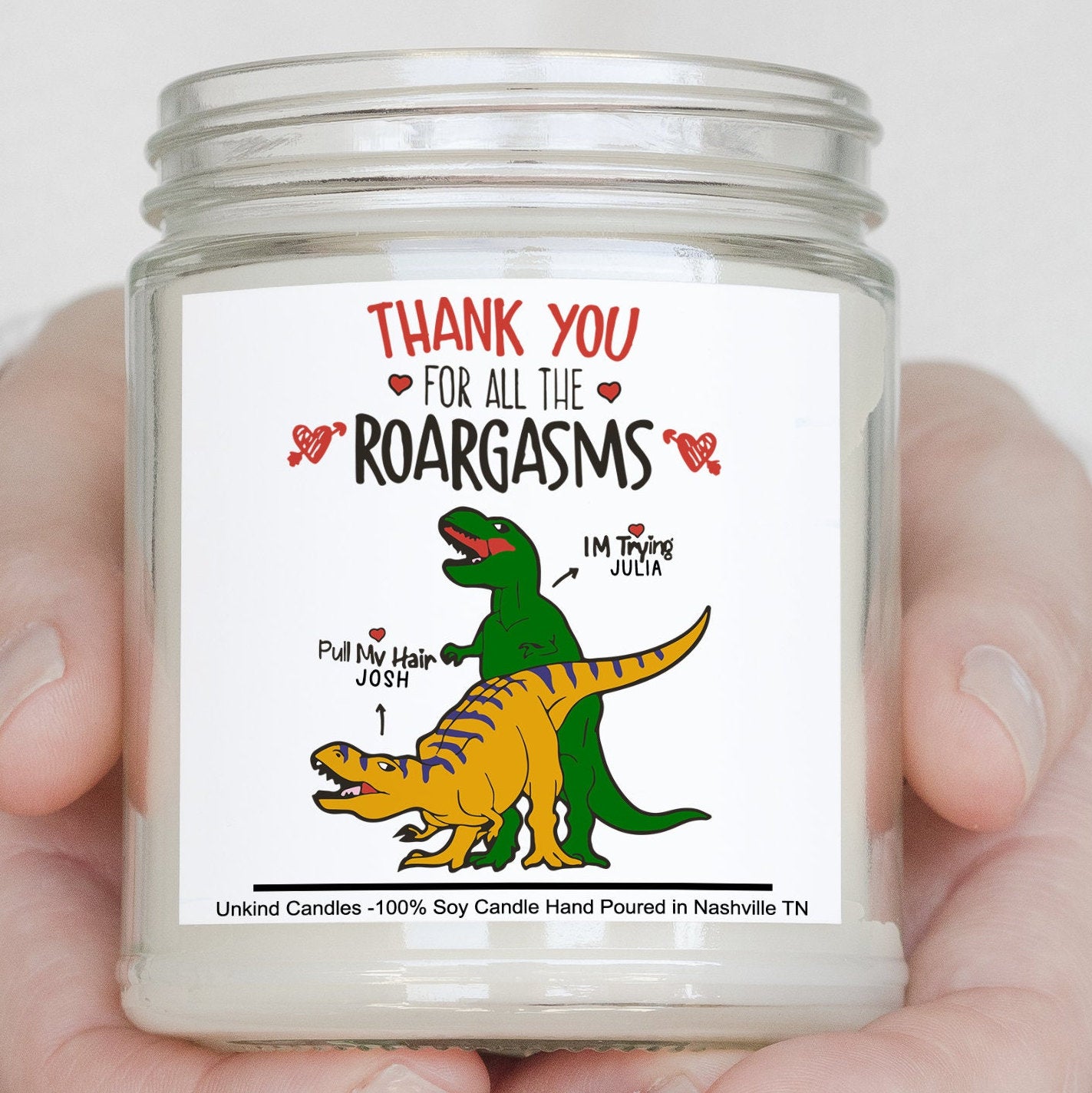 Thank you for the Roargasms, Custom Dinosaur Valentines Day Candle. Nery Valentines Day Gift, Gift for Him her boyfriend girlfriend.