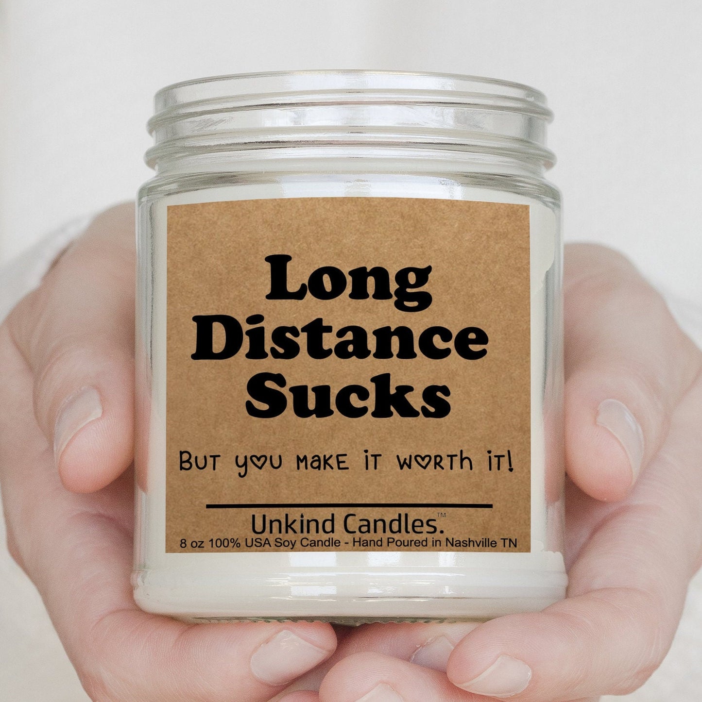 Long Distance Sucks, Funny Handmade Soy Candle. Perfect Long Distance Relationship gift for him. Boyfriend / girlfriend gift. valentines