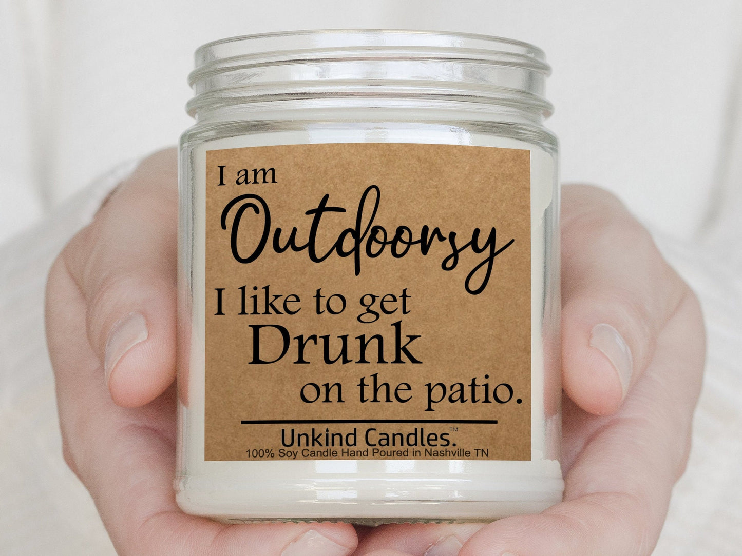 I'm Outdoorsy, I like to get drunk on the patio. Outdoor handmade funny candle. Patio, sunroom, porch decor. Citronella mosquito repellent.