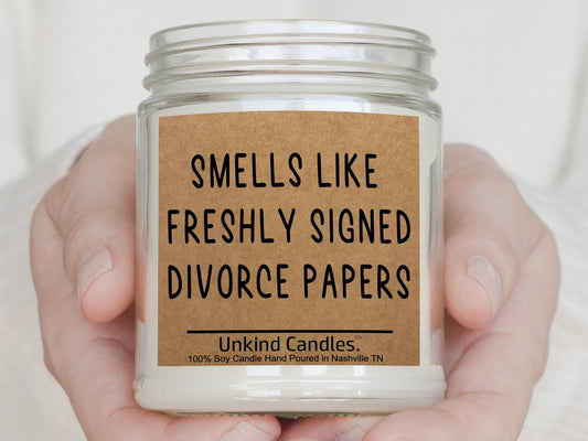 Smells Like Freshly Signed Divorce Papers, Funny Handmade Soy Candle. Funny gift for husband, wife, ex, divorce. Co-parent, breakup party.