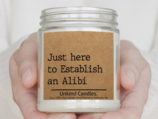 Just here to establish and alibi Funny Soy Candle. Sarcasm, White elephant, gag gift, housewarming, hostess gift, hilarious.